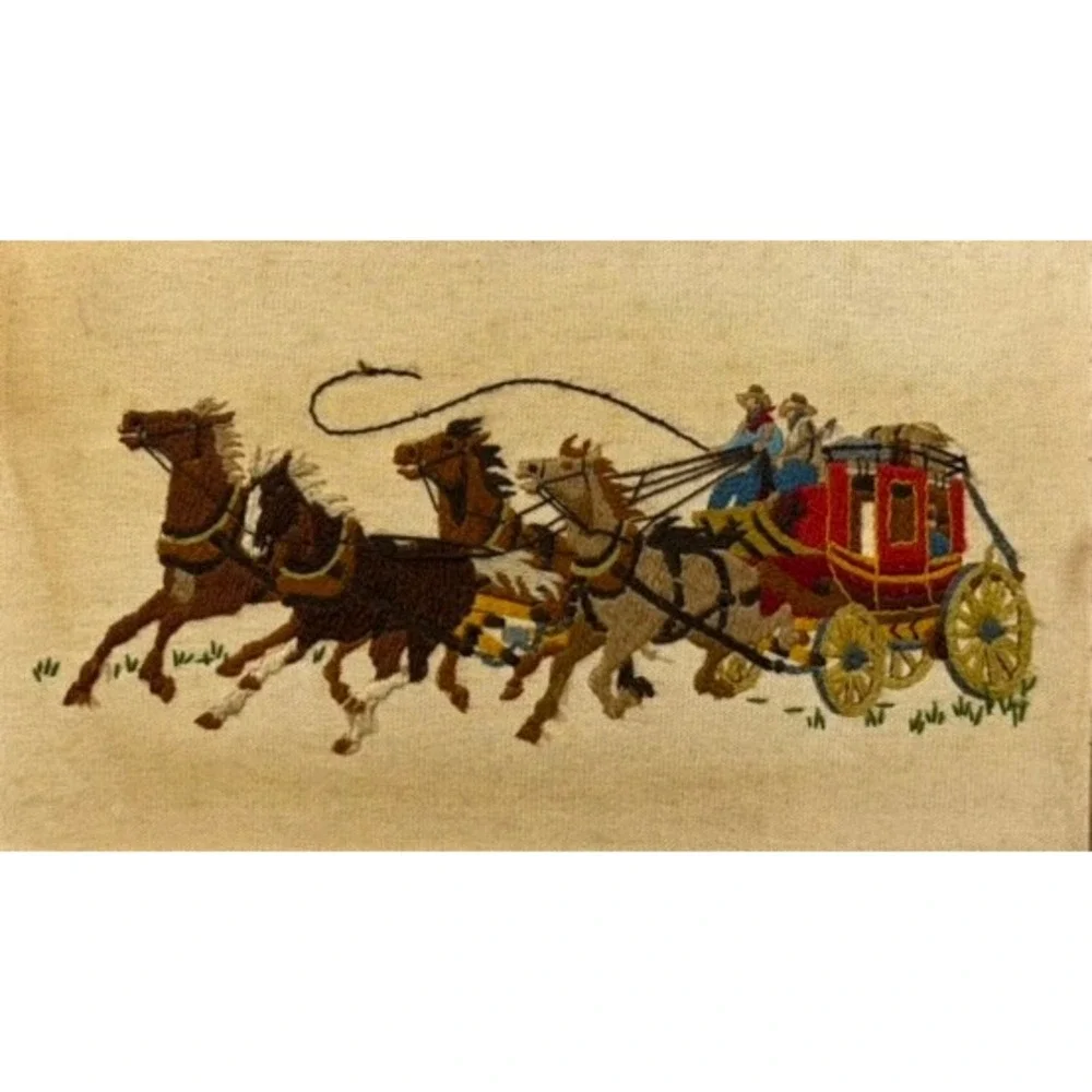 Vintage Western Stagecoach Horse Needlepoint Framed Wall Art 20.5x13 Grumbacher